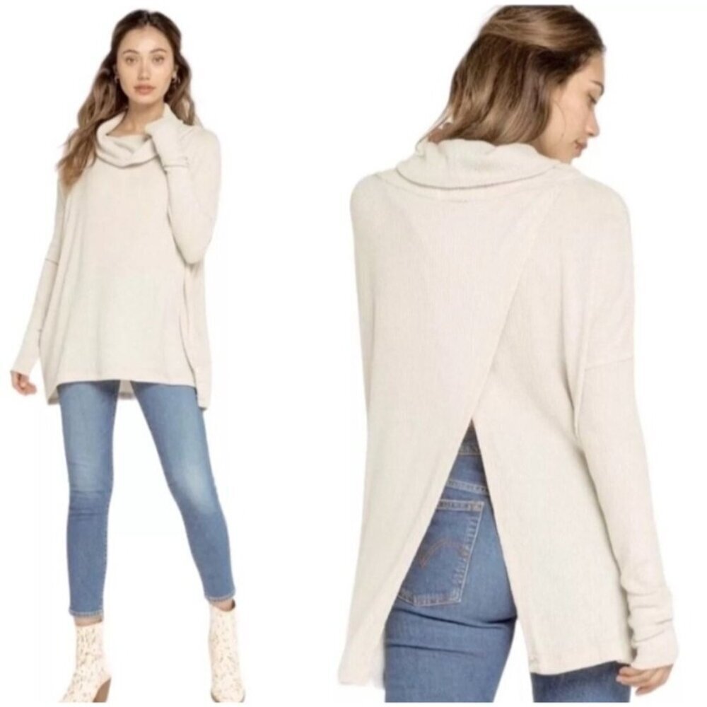 Free People Turtleneck Sweater Oversized Waffle-Knit Casual Warm Size S Cream